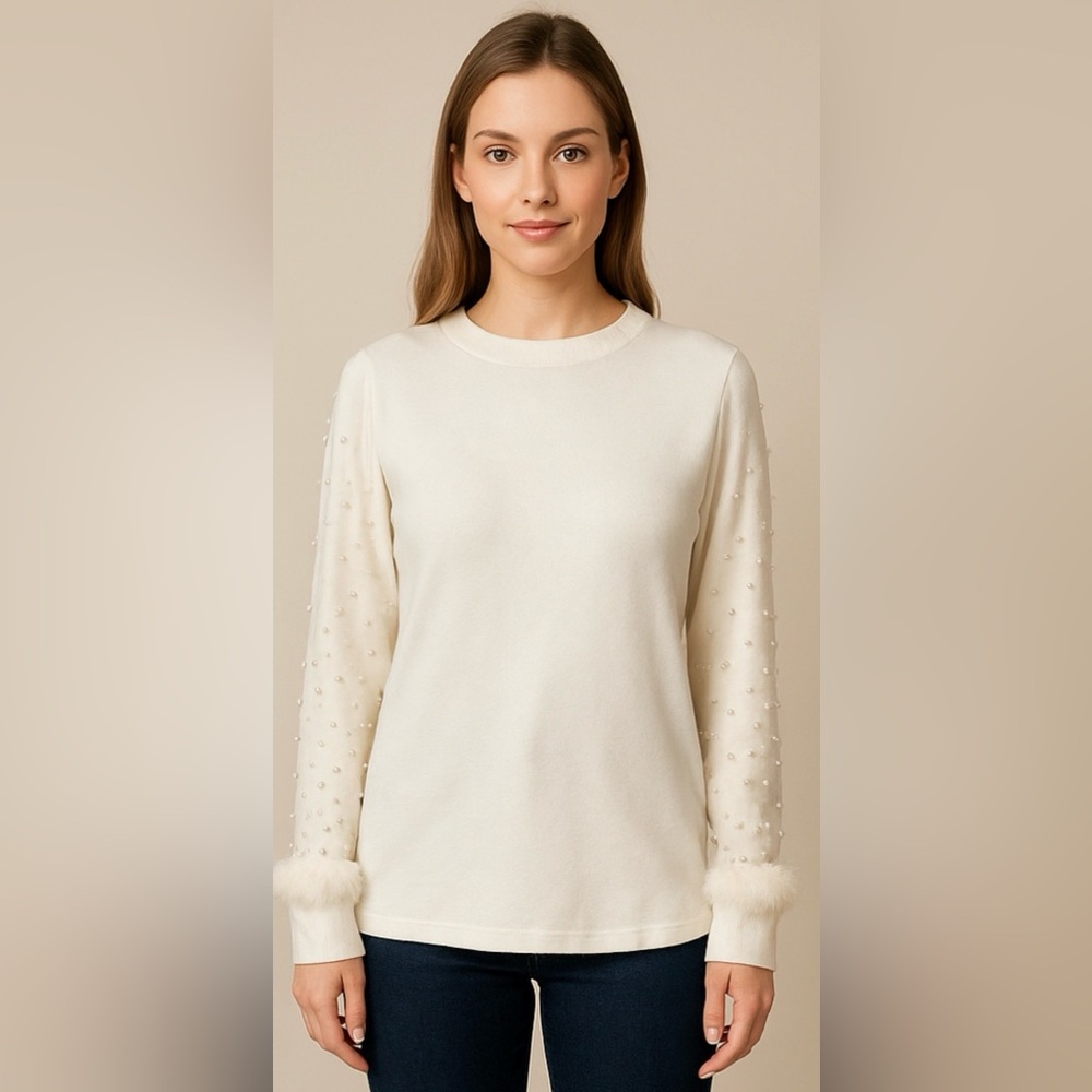 Elegant Cream Women's Top with Pearl Detailing